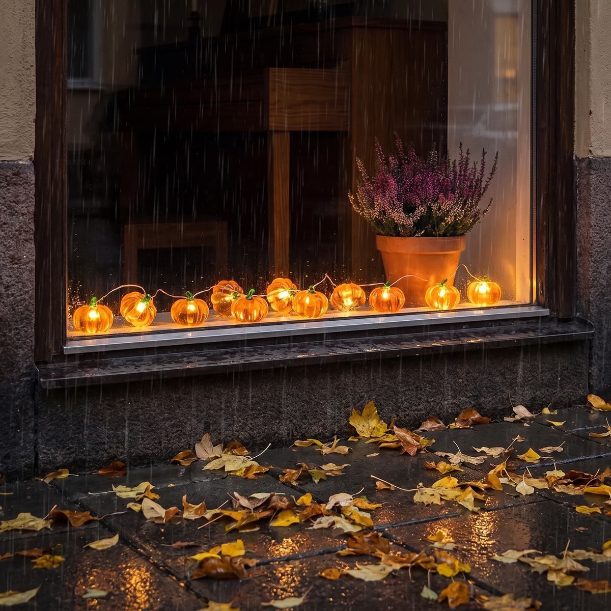 Ambra i fönstret bredvid ljungen, sett från gatan en regnig kväll