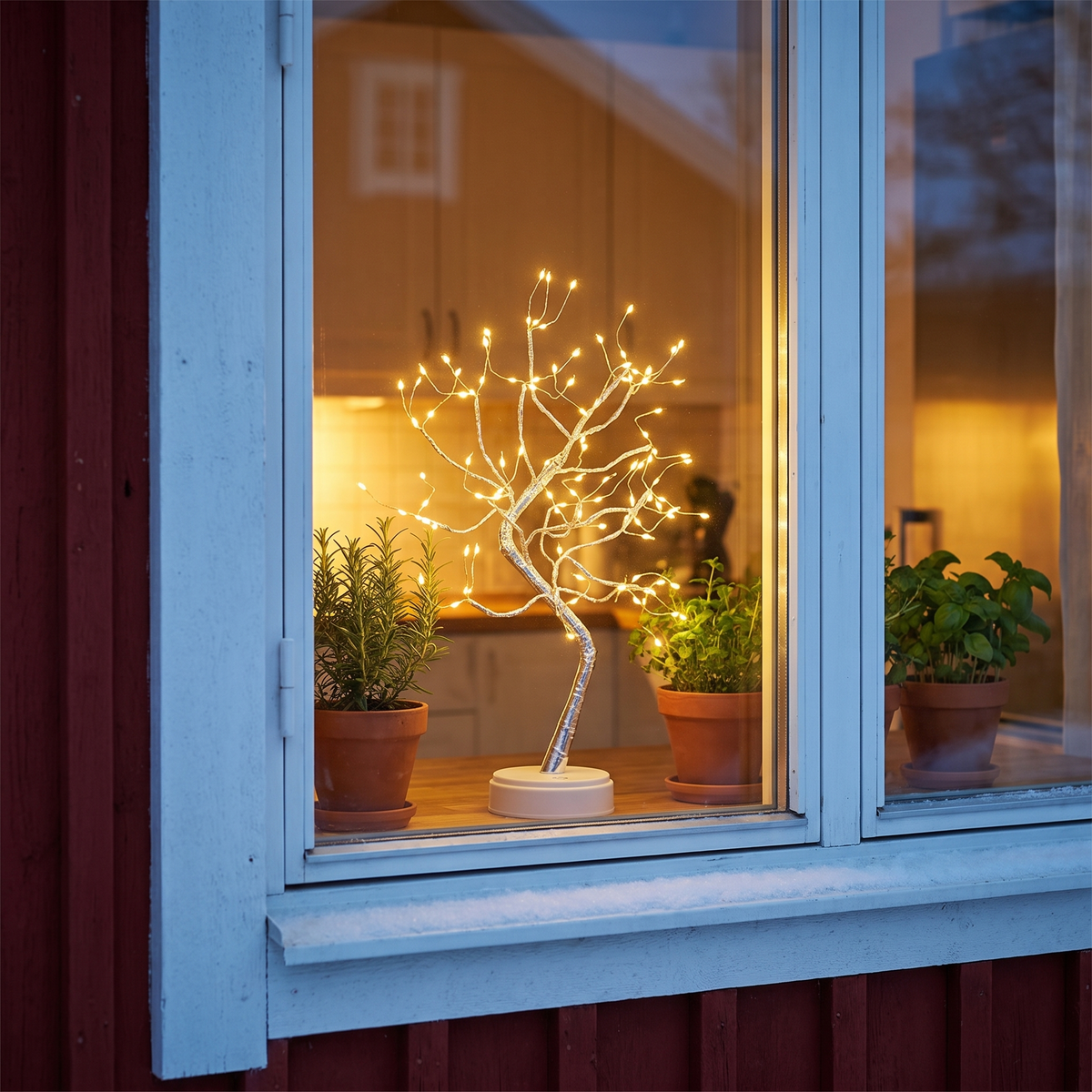 Arbor tänd i köksfönstret på ett rött trähus i skymningen, utan sladd