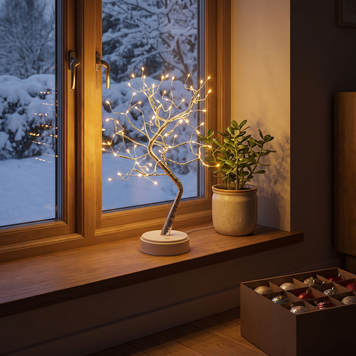 Arbor tänd på fönsterbrädan en januarikväll, julpyntet nedpackat i en kartong på golvet