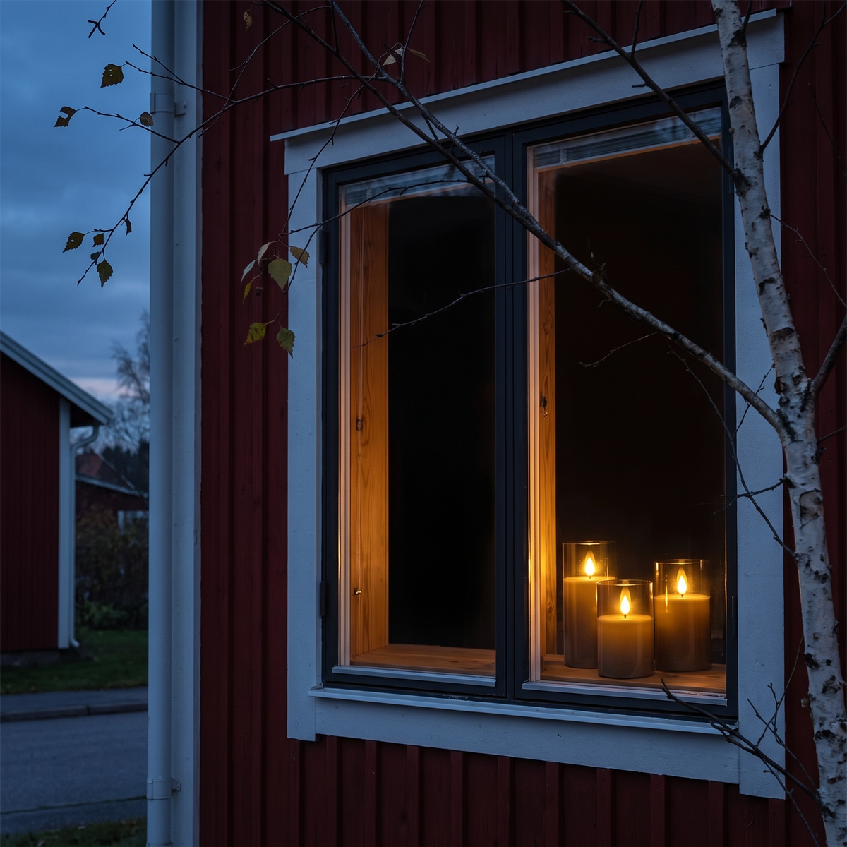 Tre tända Cera-ljus i fönstret på ett rött trähus i skymningen, sett från gatan
