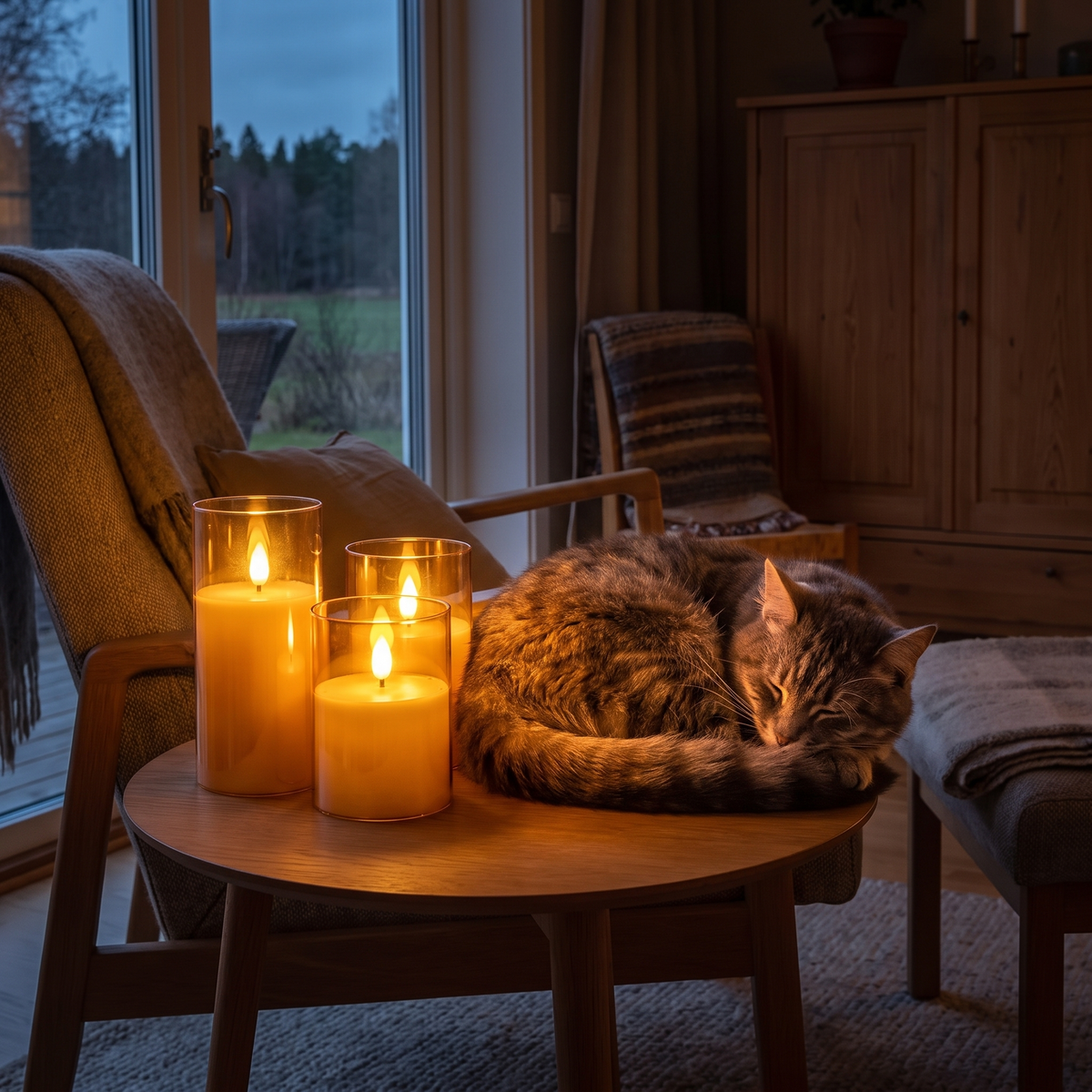 En grå katt ligger på ett sidobord bredvid tre tända Cera-ljus i guld