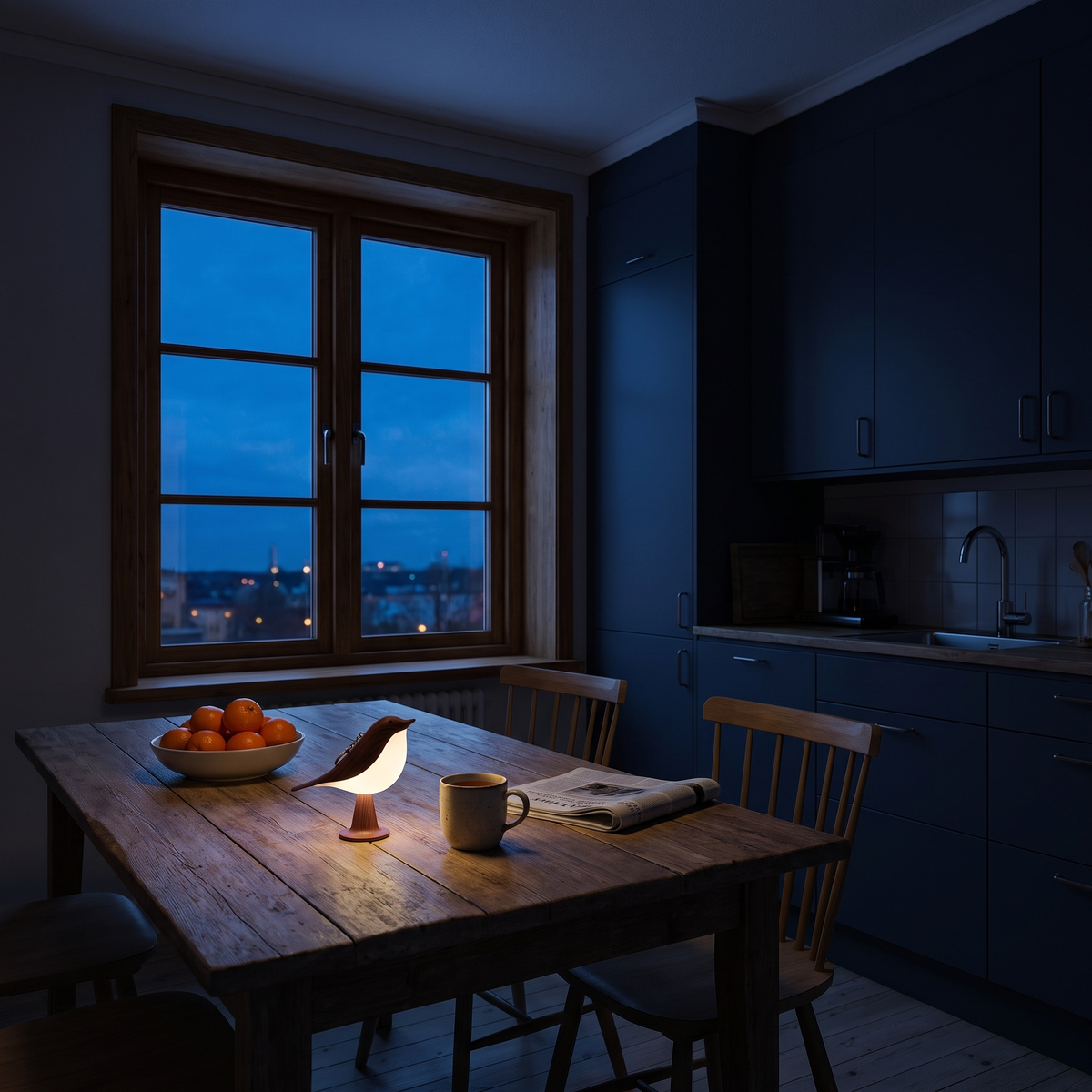 Cora verlicht op de keukentafel naast een mok thee tijdens een donkere novemberavond
