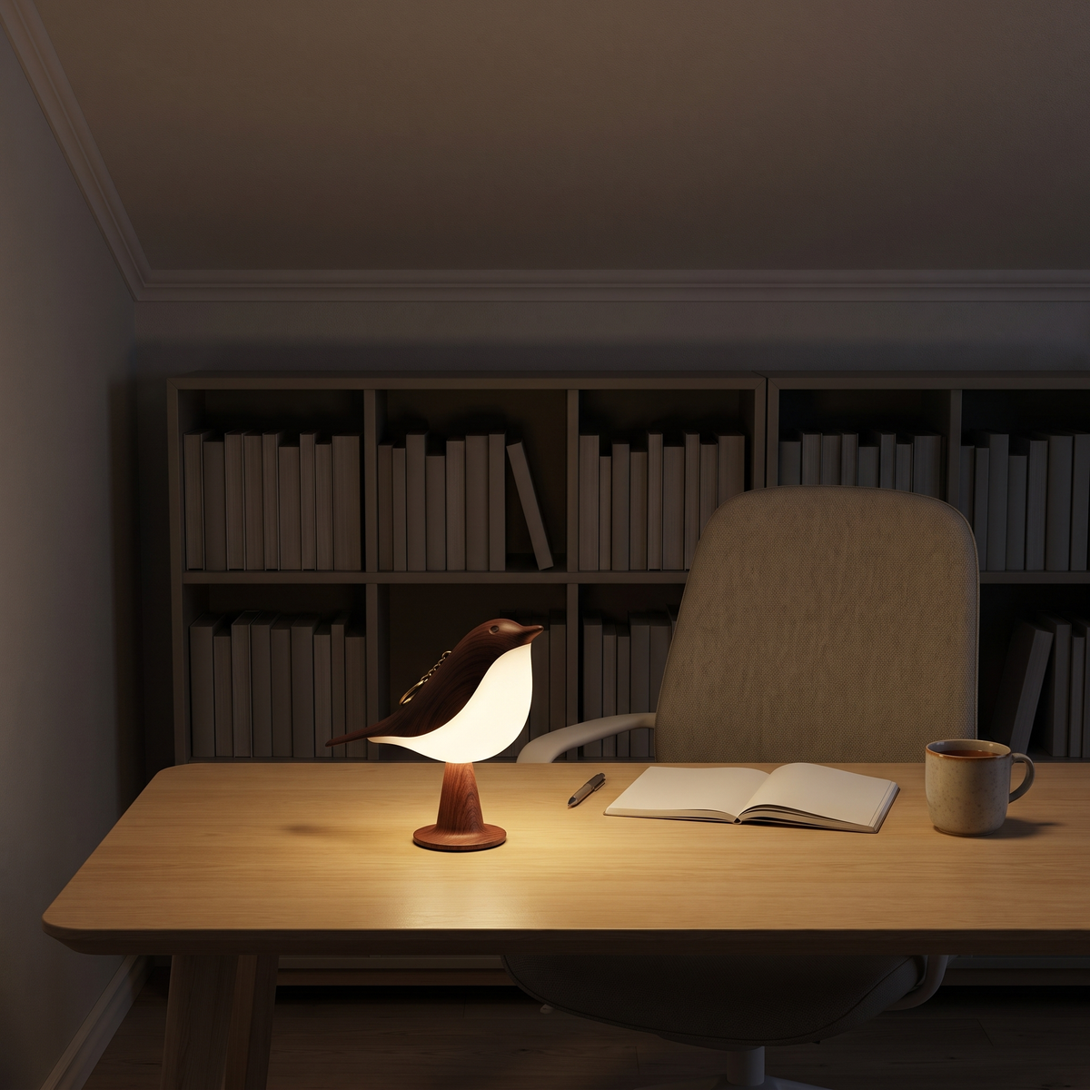 Cora in donker hout op een bureau naast een notitieboek en mok