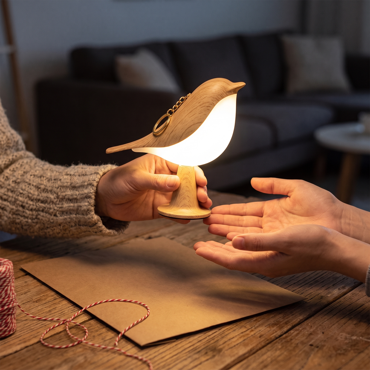 Cora in licht hout wordt als cadeau gegeven