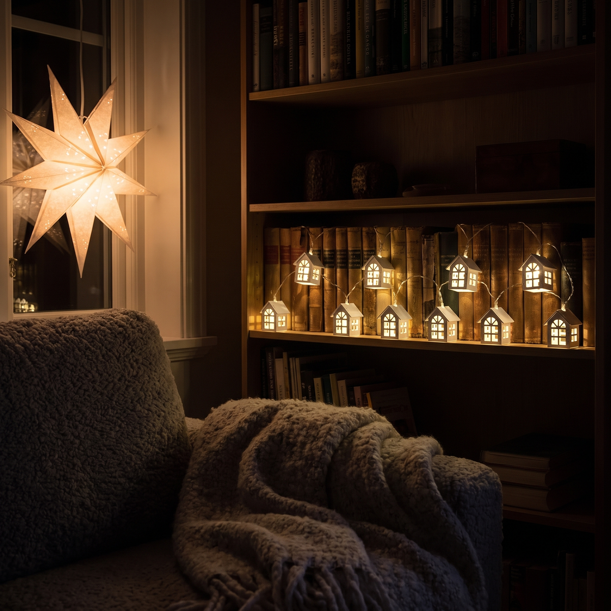 Ett mörkt vardagsrum första advent: Domus som en liten by på bokhyllan, adventsstjärnan i fönstret
