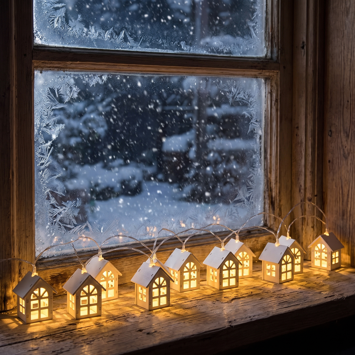 Domus tänd på fönsterbrädan, snön faller utanför