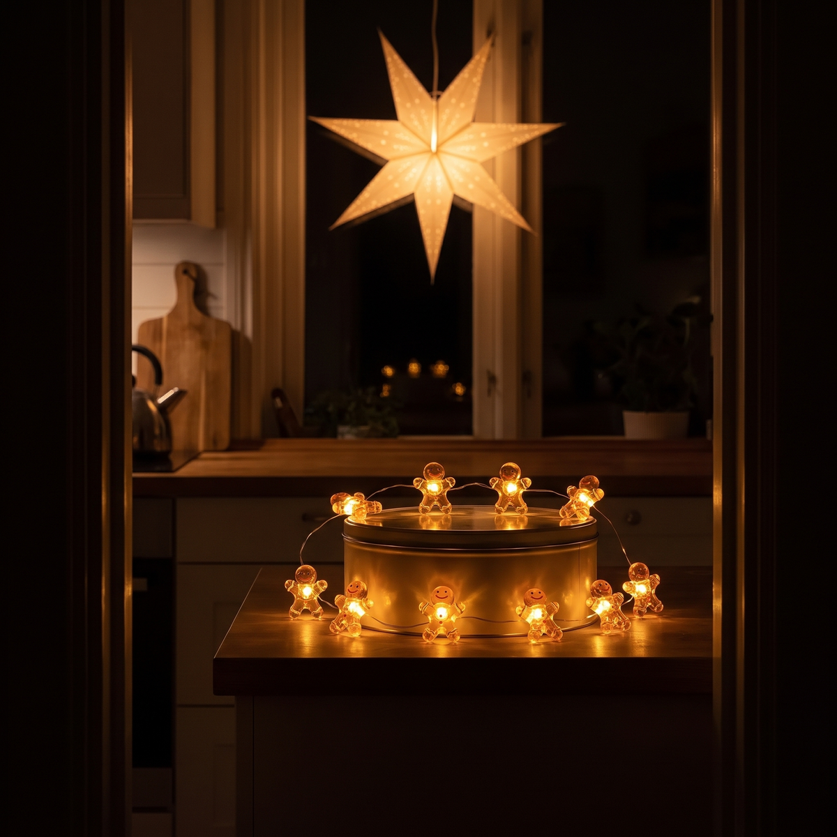 Ett mörkt kök första advent: Dulce tänd runt pepparkaksburken, adventsstjärnan i fönstret