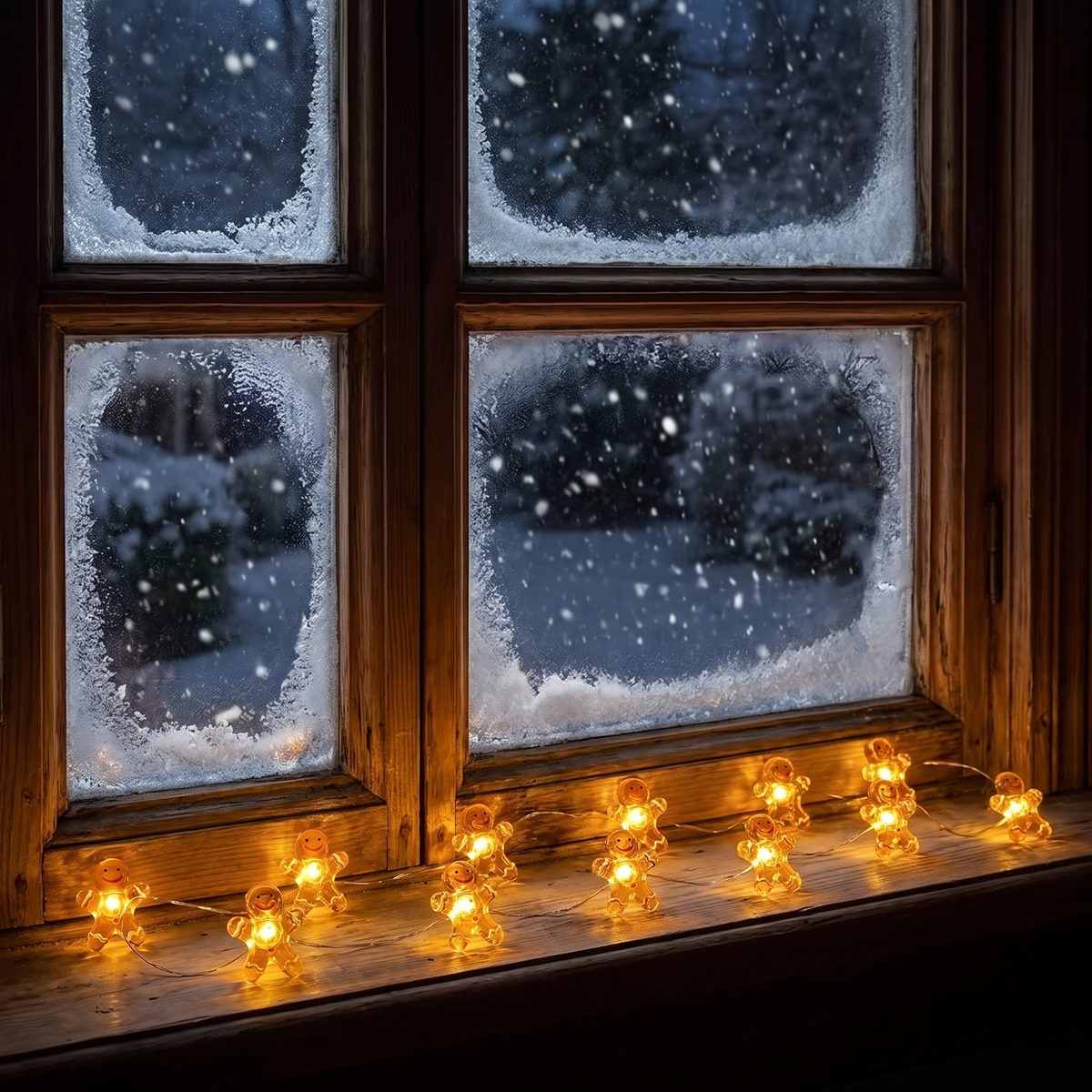 Dulce tänd längs fönsterbrädan, snön faller utanför