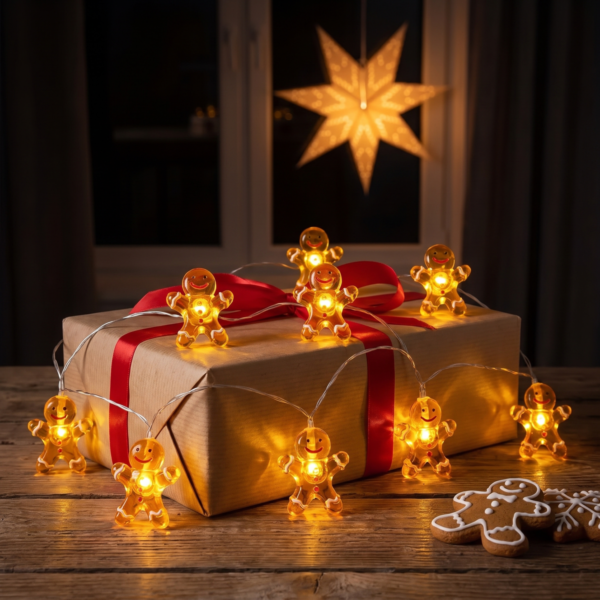 Dulce tänd runt ett inslaget paket, adventsstjärnan i fönstret bakom