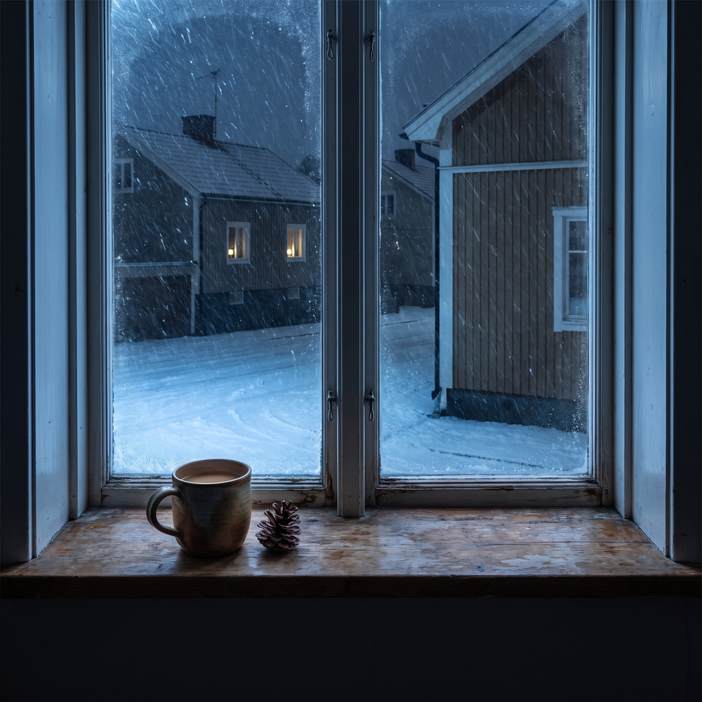 Före: fönsterbrädan en snöig kväll, utan Fanal