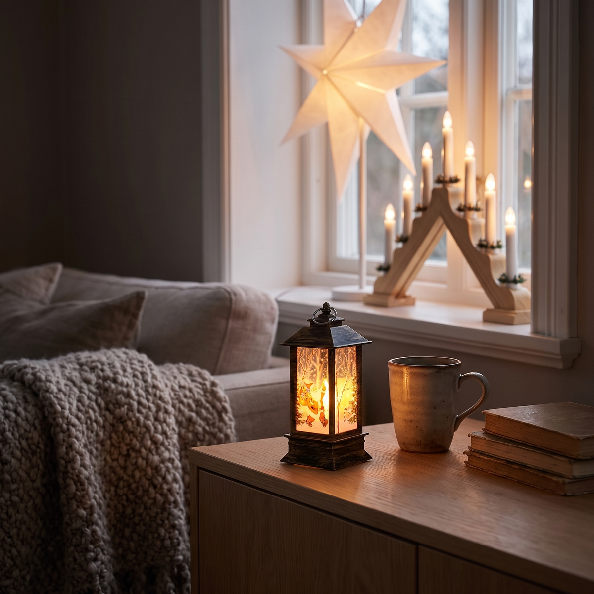 Ett mörkt vardagsrum första advent: adventsstjärnan i fönstret, ljusstaken på brädan och Fanal som lyser på skänken bredvid en kopp