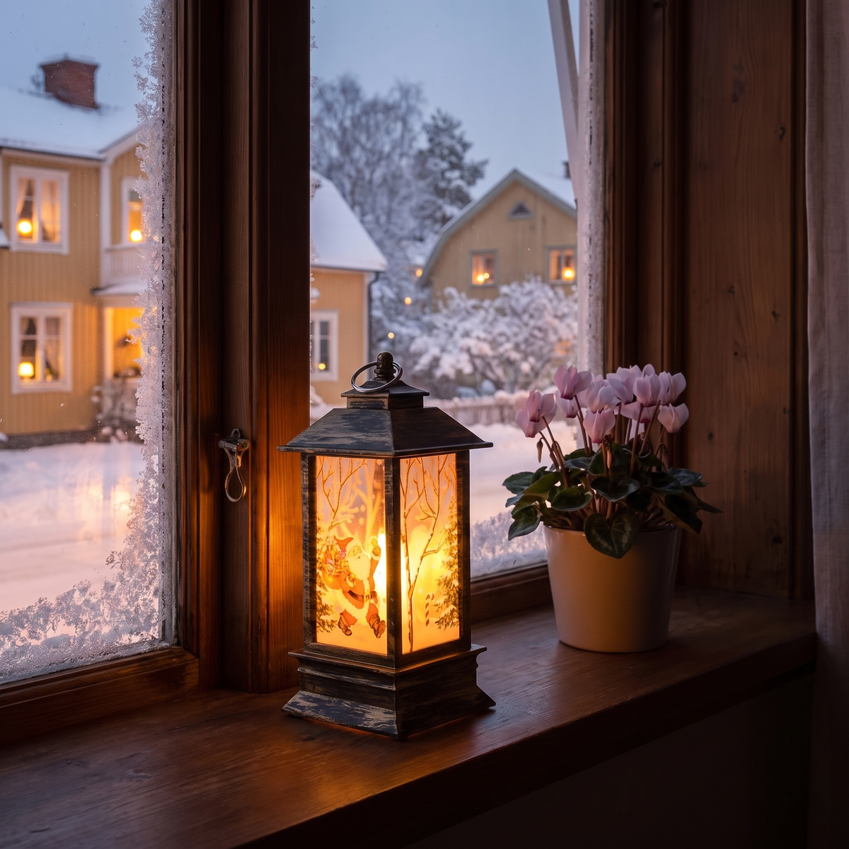 Fanal tänd på en smal fönsterbräda en snöig kväll, grannhusen lyser utanför