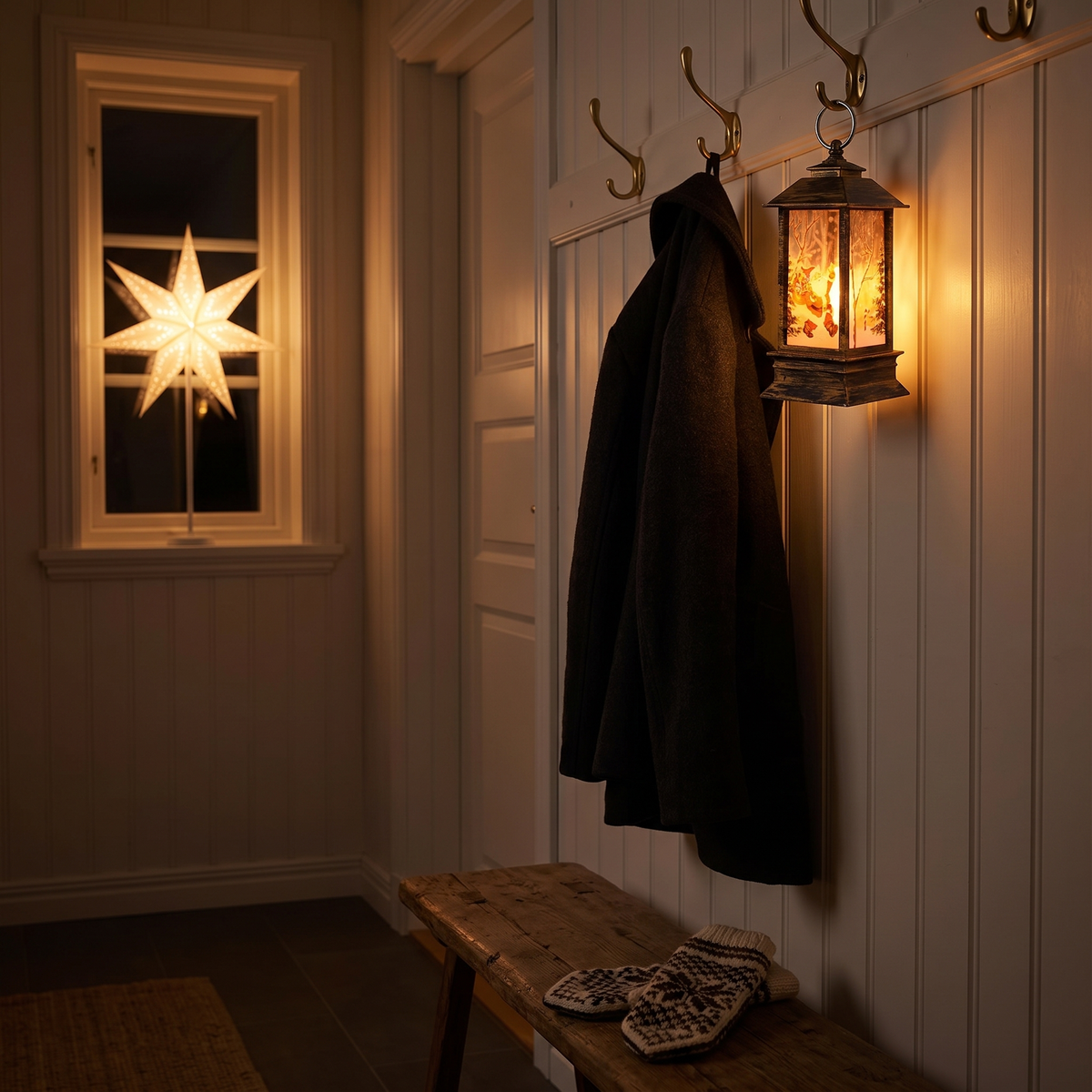 Fanal hängande tänd på en krok i en mörk hall, en adventsstjärna lyser i fönstret