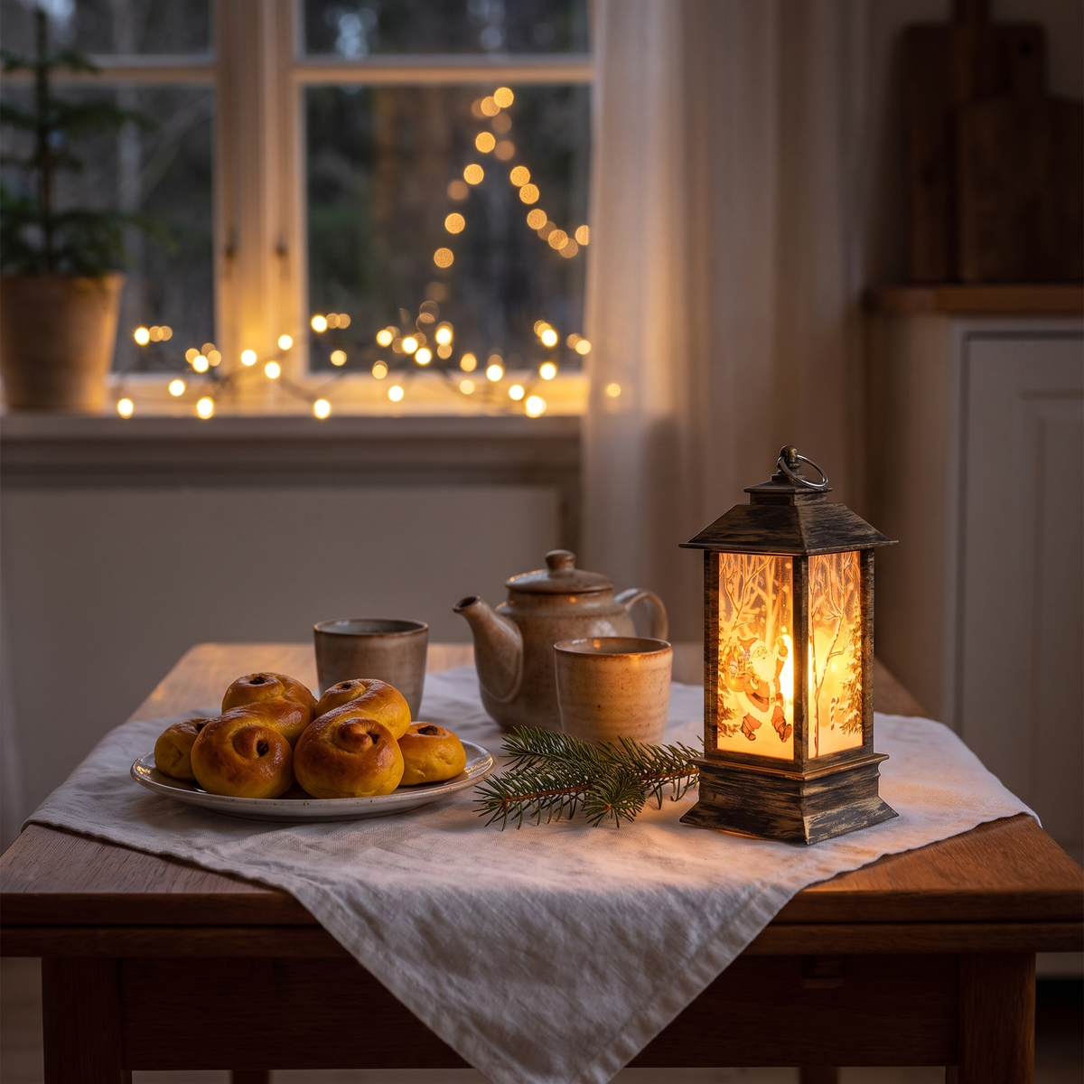 Fanal tänd på ett dukat julbord bland pepparkakor och glögg, granen lyser i bakgrunden