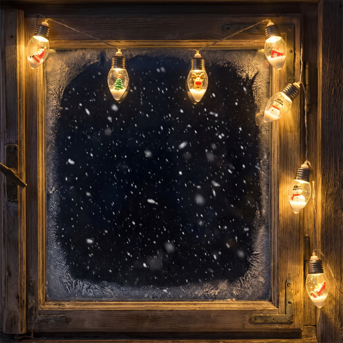 Festa tänd längs fönsterkarmen, snön faller utanför