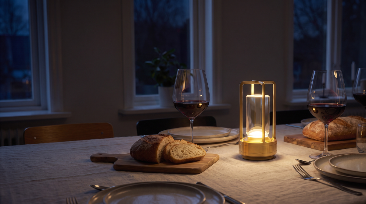 Lanta i guld tänd på ett dukat matbord en mörk novemberkväll, lika hög som vinglasen