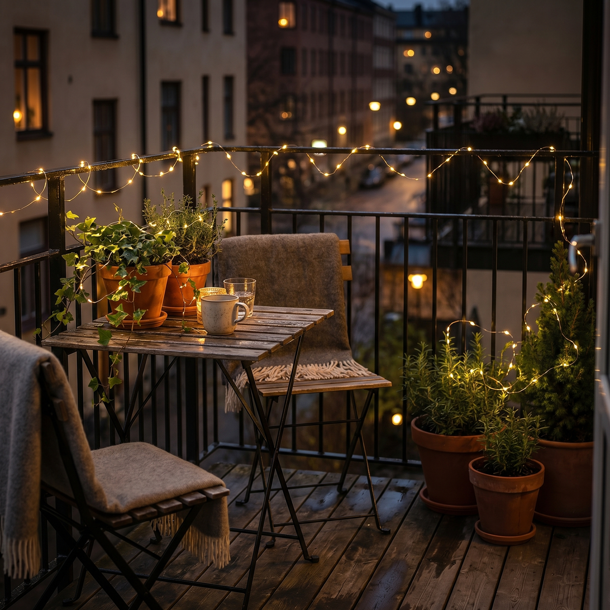 Guirlande OVELIS installée sur un balcon comme dans un grand jardin