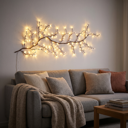 Salix tänd på väggen ovanför soffan i vardagsrummet