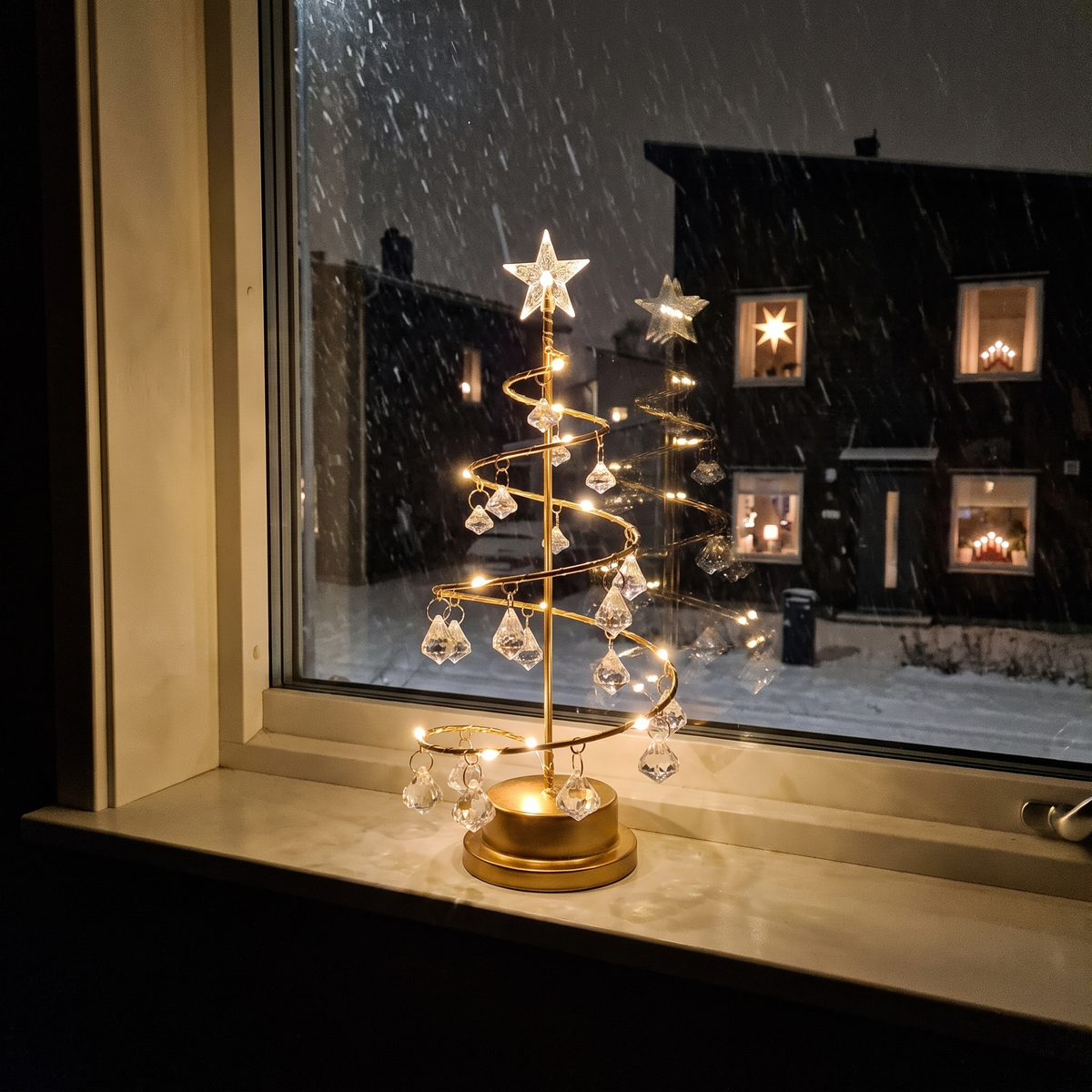 Tindra tänd på fönsterbrädan en snöig kväll, grannarnas adventsstjärnor lyser i fönstren