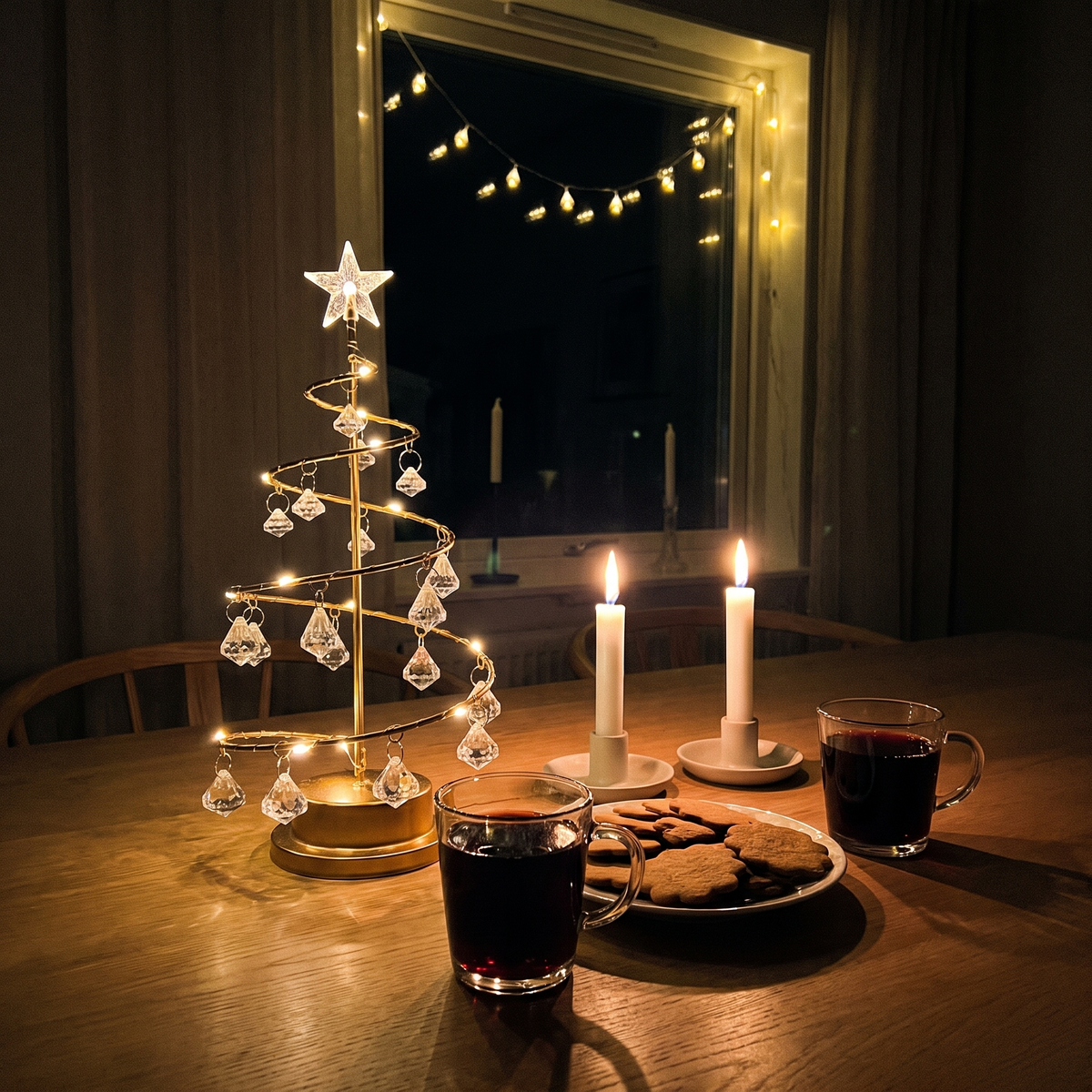 Tindra tänd mitt på matbordet bredvid glögg, pepparkakor och två tända ljus