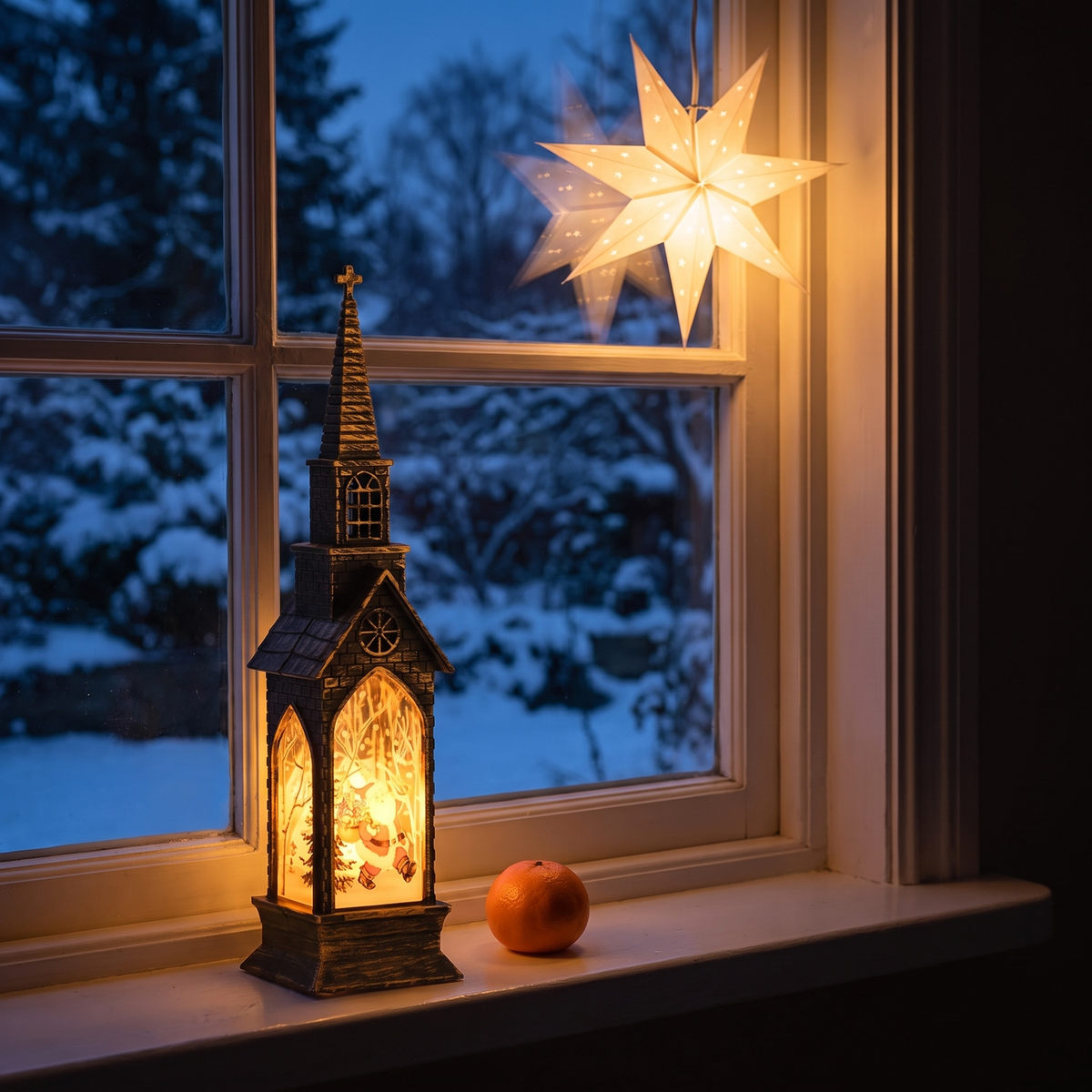 Vesper med tomtemotiv tänd på fönsterbrädan en snöig kväll, adventsstjärnan lyser ovanför