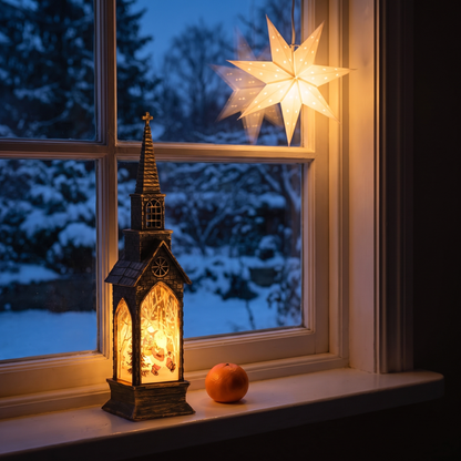 Vesper med tomtemotiv tänd på fönsterbrädan en snöig kväll, adventsstjärnan lyser ovanför
