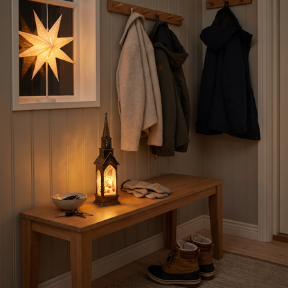 Vesper tänd på hallbänken bredvid nyckelskålen, ytterkläder på krokarna och en adventsstjärna i fönstret