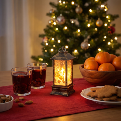 Fanal tänd på julbordet bredvid glögg och pepparkakor