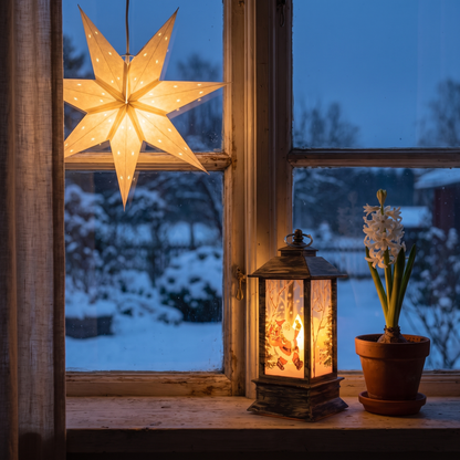 Fanal i bronsfärg med tomtemotiv tänd på fönsterbrädan en snöig kväll, adventsstjärnan lyser ovanför