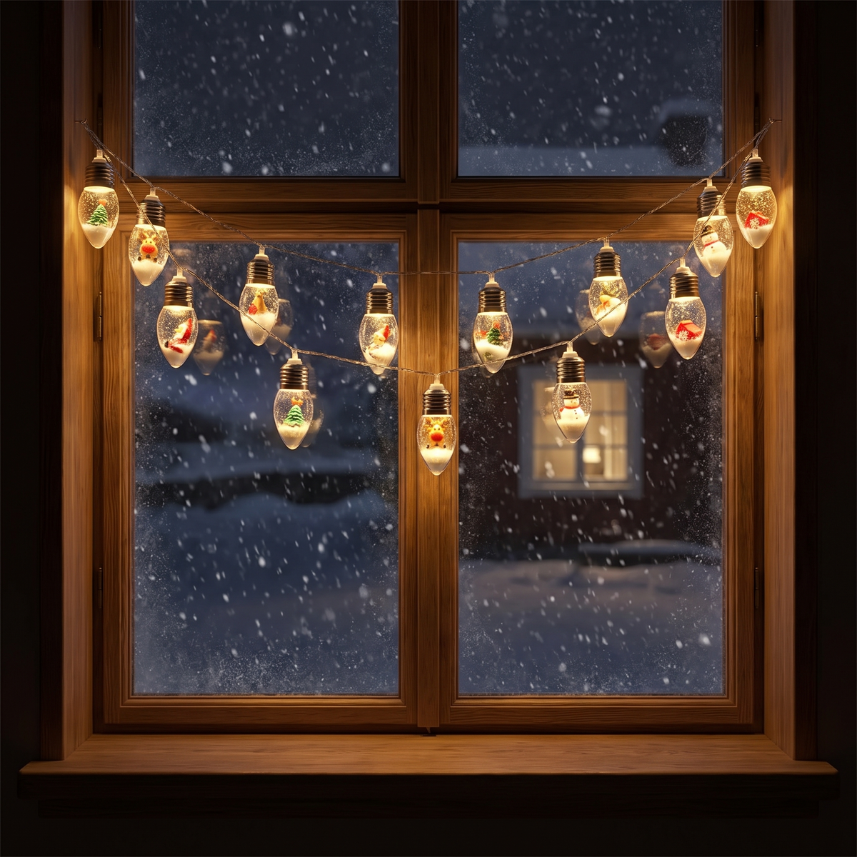 Festa tänd längs fönsterkarmen en snöig kväll