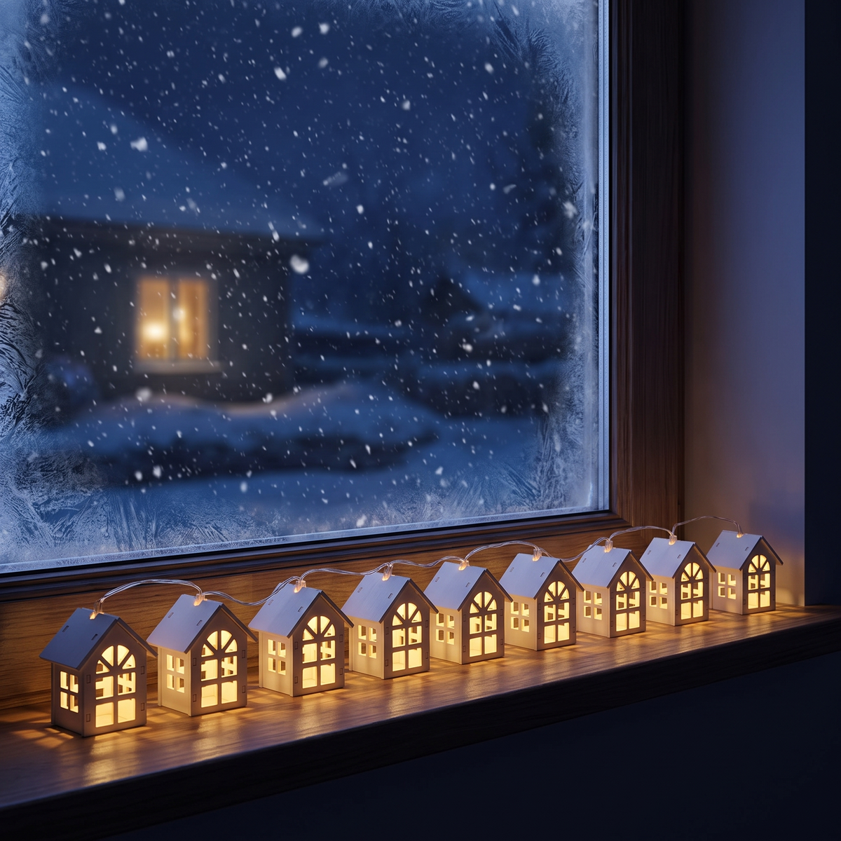 Domus tänd på fönsterbrädan en snöig kväll, adventsstjärnan ovanför