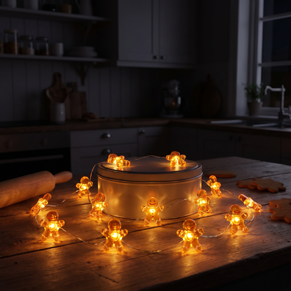 Dulce: tio små pepparkaksgubbar som lyser, lagda runt pepparkaksburken på köksbänken en mörk kväll