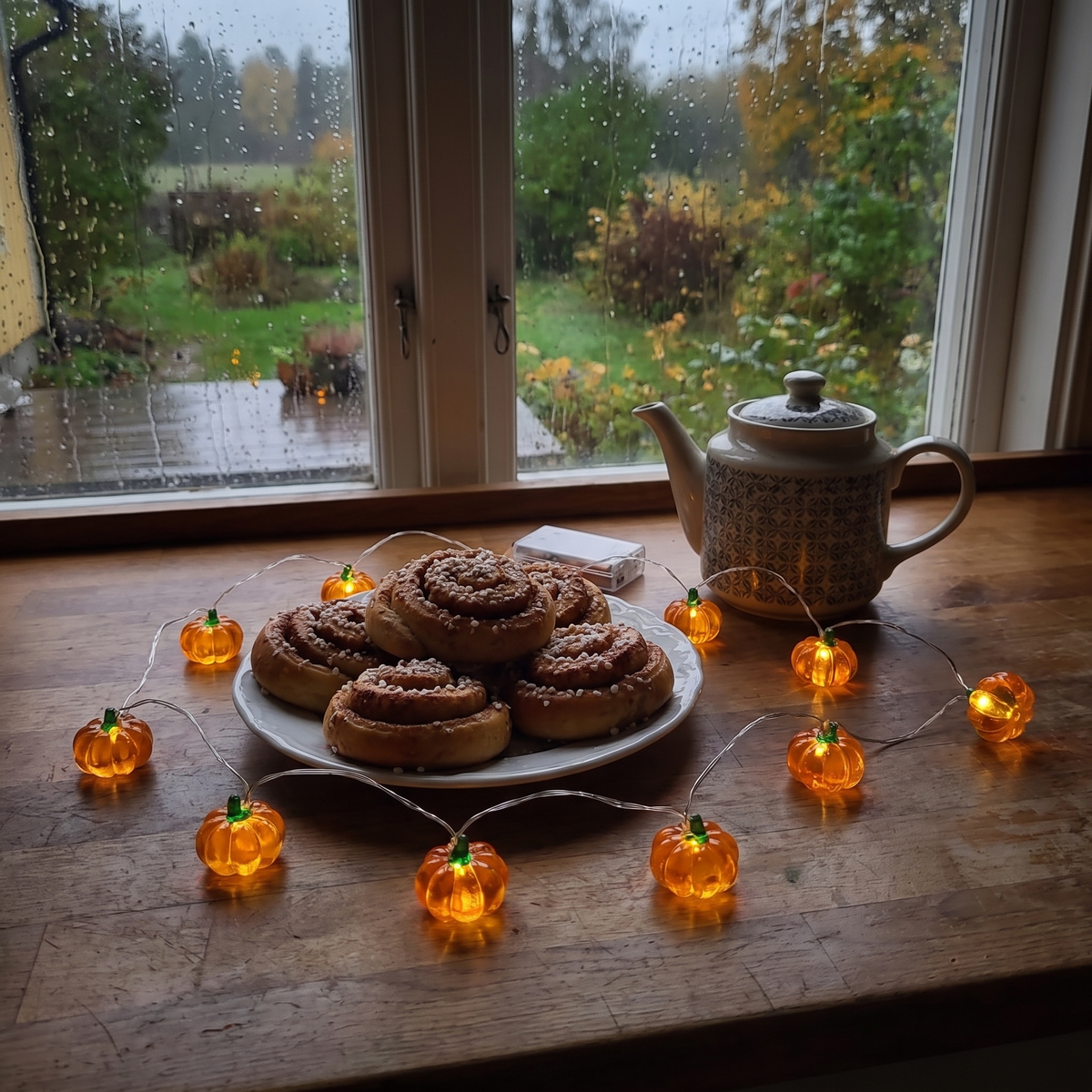Ambra runt kanelbullarna på köksbänken en mörk oktobereftermiddag
