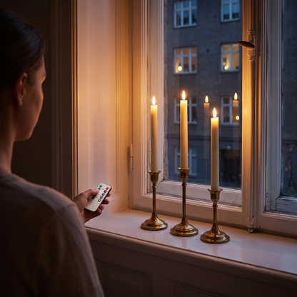 En hand riktar Velas fjärrkontroll mot tre tända kronljus i fönstret