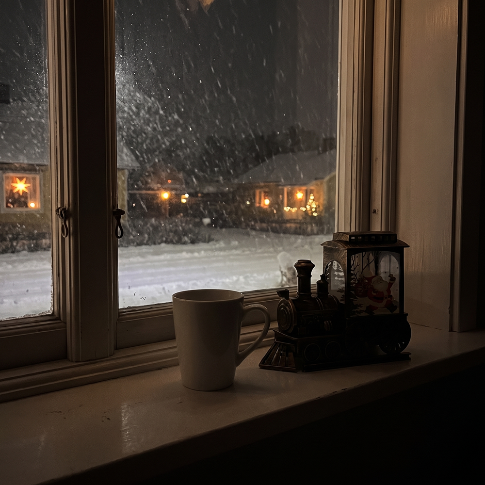Före: fönsterbrädan en snöig kväll, Julius släckt