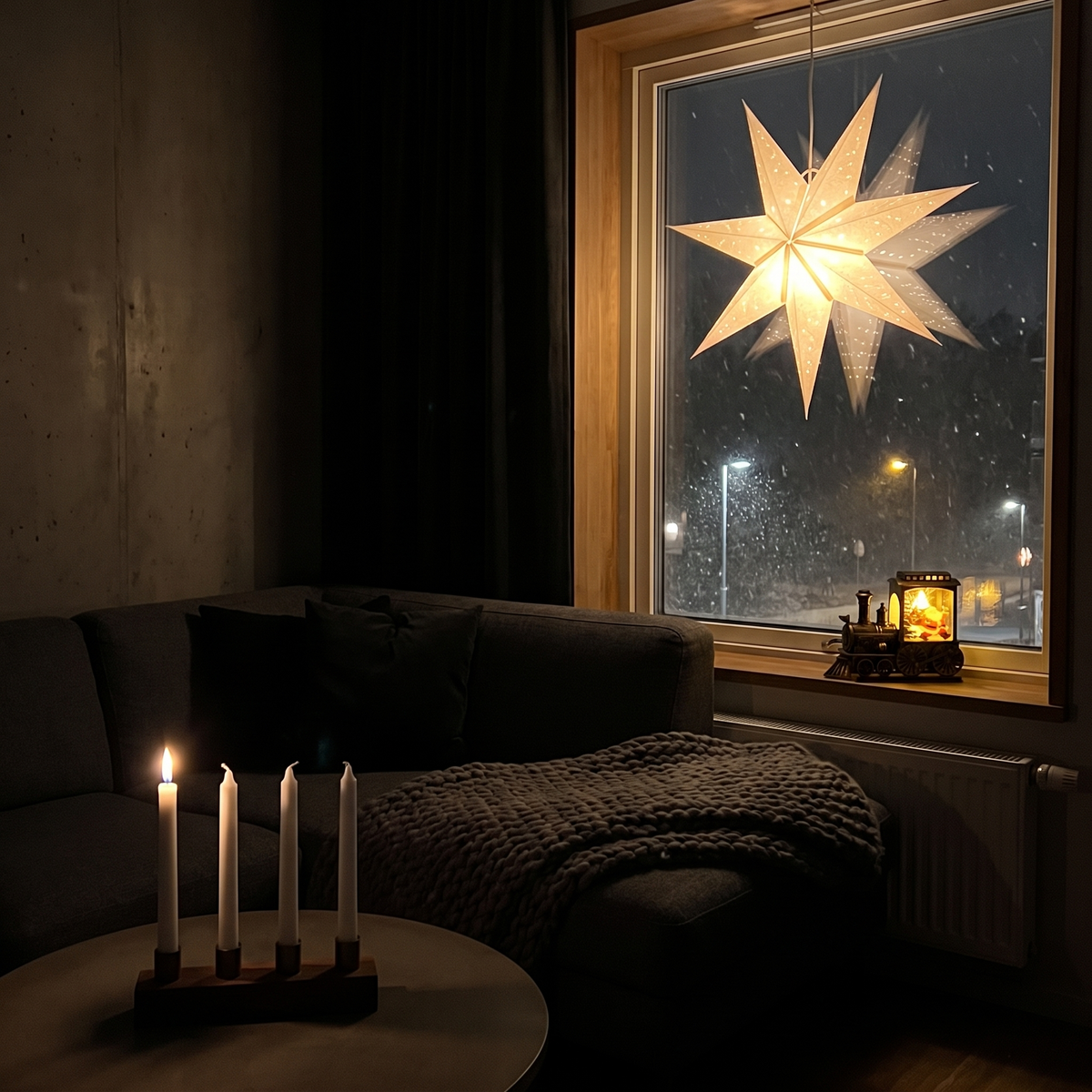Ett mörkt vardagsrum första advent: adventsstjärnan i fönstret, ett ljus tänt i ljusstaken och Julius som lyser på fönsterbrädan