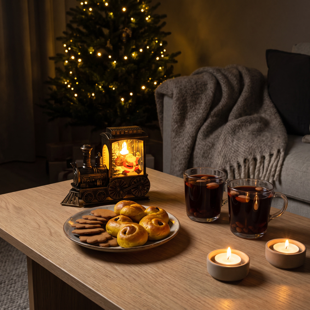 Julius tänd bland lussekatter, pepparkakor och glögg, granen lyser i det mörka rummet