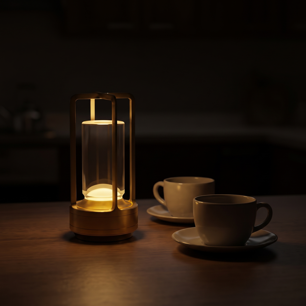 Lanta i guld nerdimrad till ett svagt sken bredvid två kaffekoppar sent på kvällen