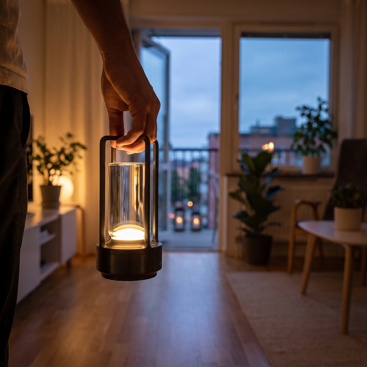 En hand bär Lanta i svart genom lägenheten mot balkongdörren