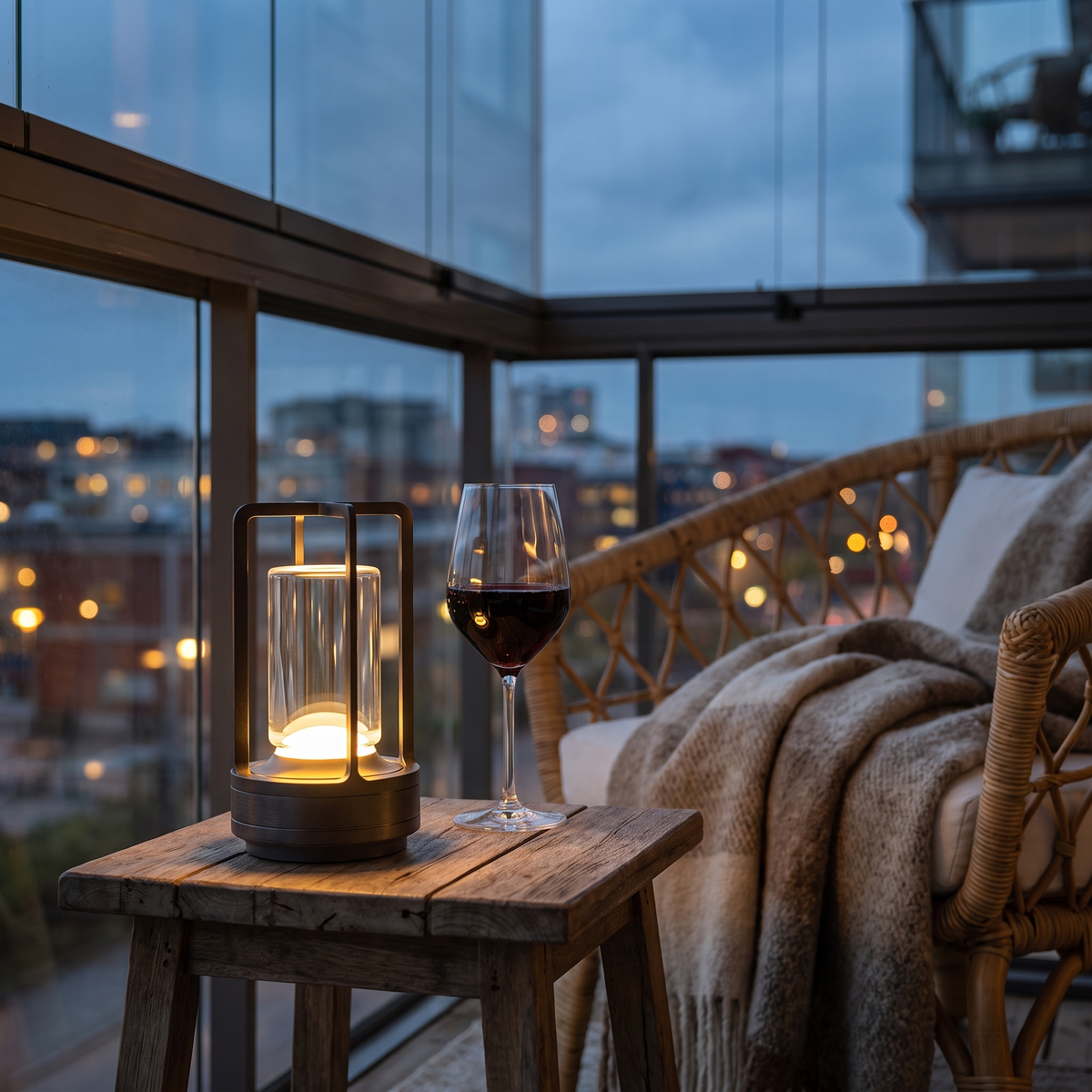 Lanta i svart på den inglasade balkongen med ett glas vin och en pläd