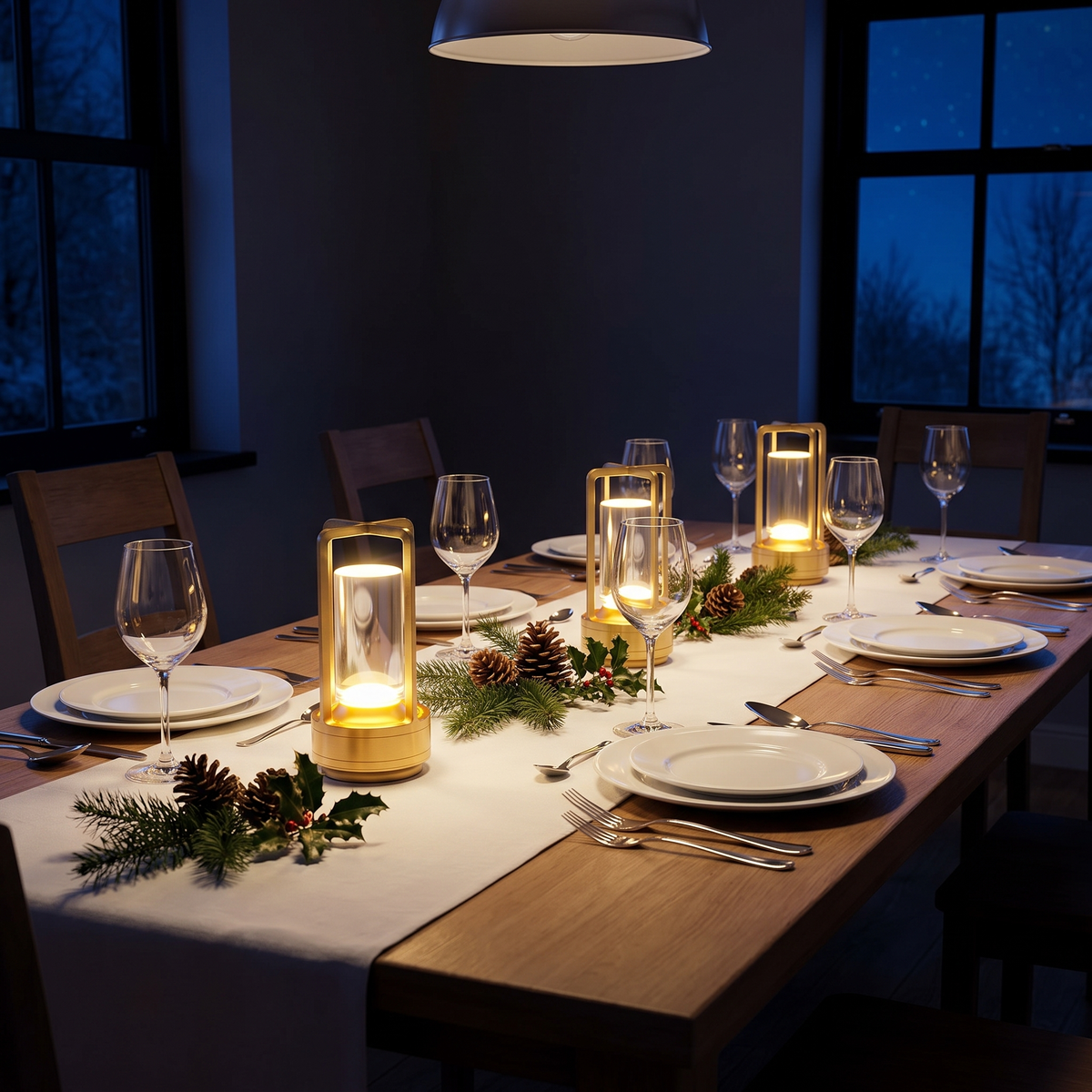 Tre Lanta i guld längs ett långbord dukat för gäster