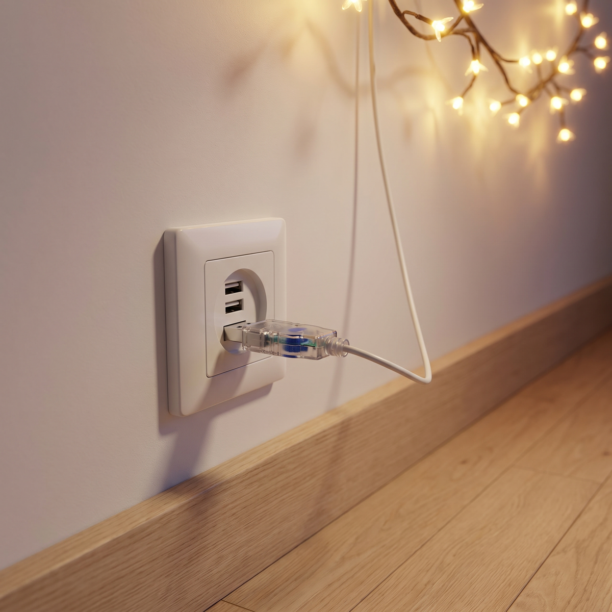 Salix USB-kontakt i ett vägguttag med USB-portar, grenen lyser ovanför