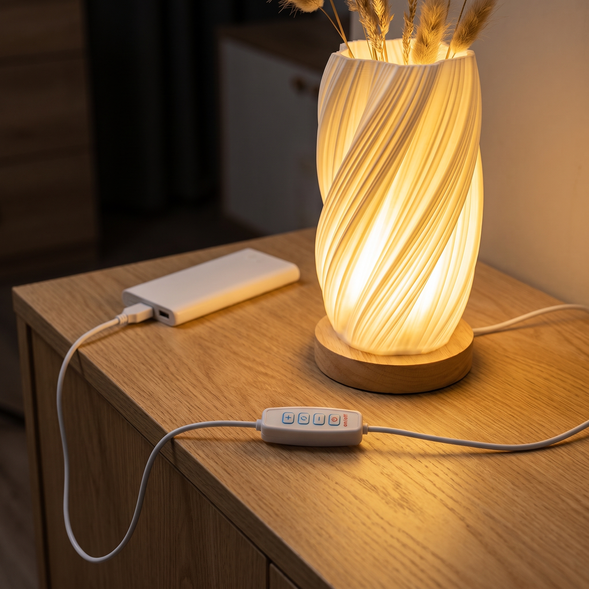 Selas sladd med knappsatsen, kopplad till en powerbank