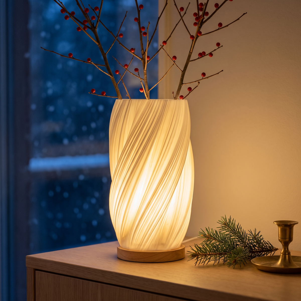 Sela tänd med kvistar med röda bär en decemberkväll