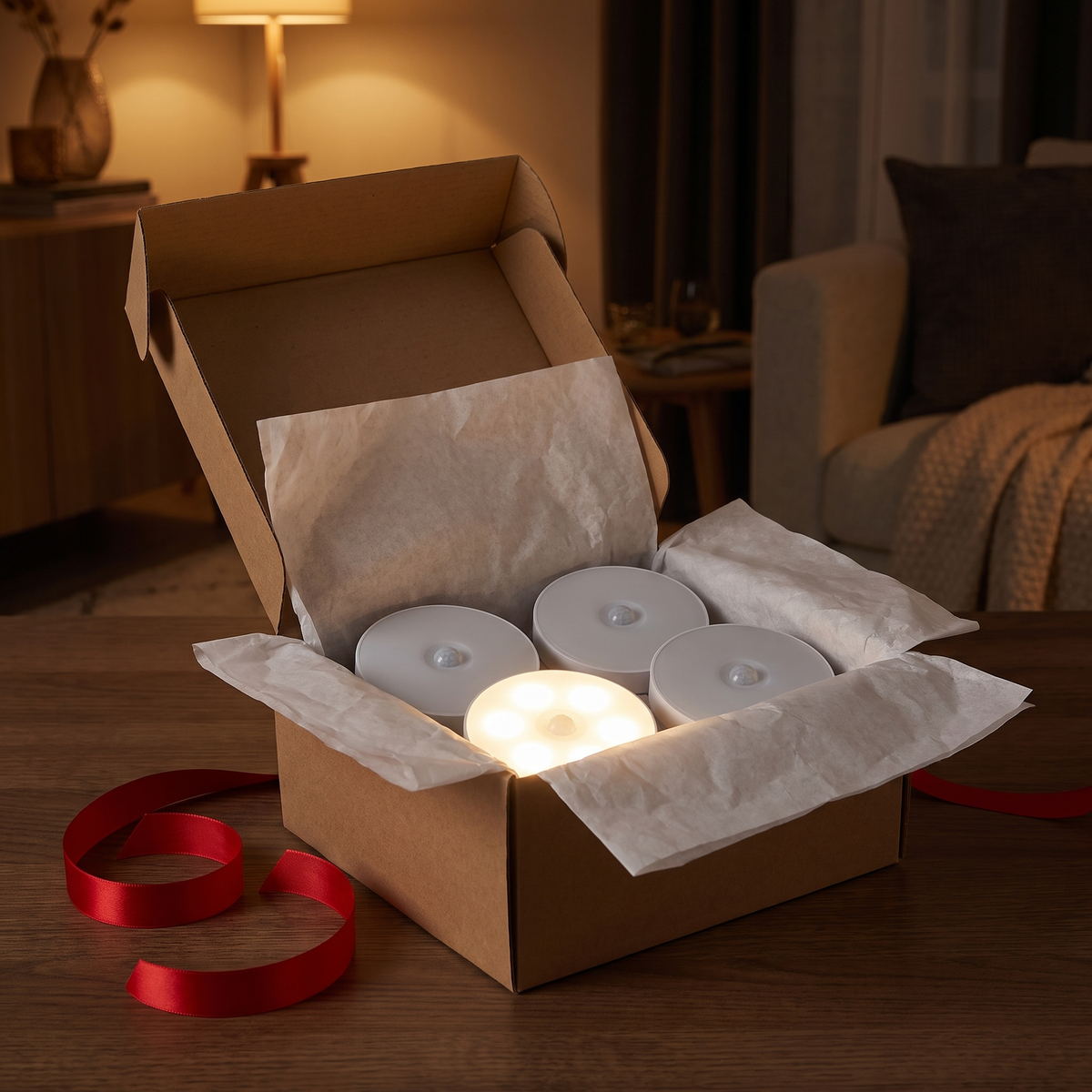 En öppnad presentkartong med fyra Sensa i silkespapper, en av dem tänd