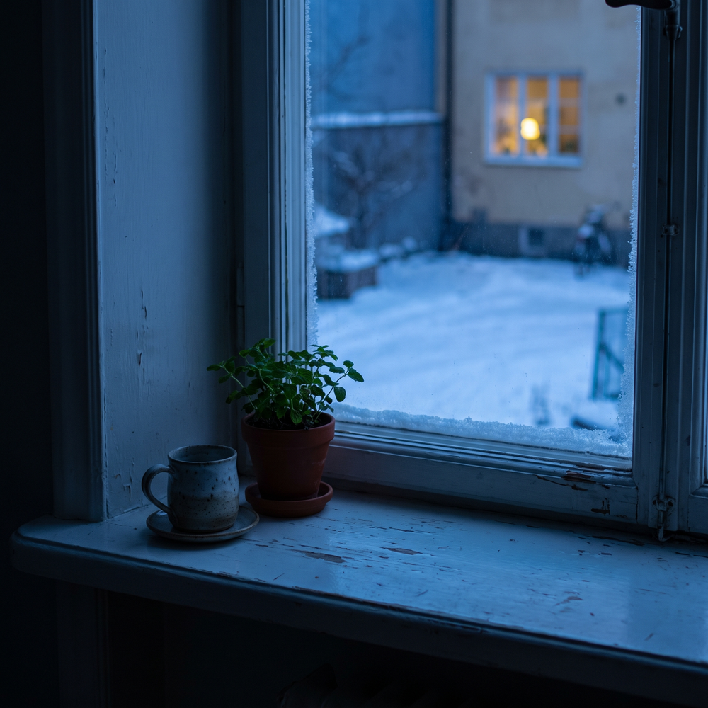Före: fönsterbrädan en mörk decemberkväll, utan Silva
