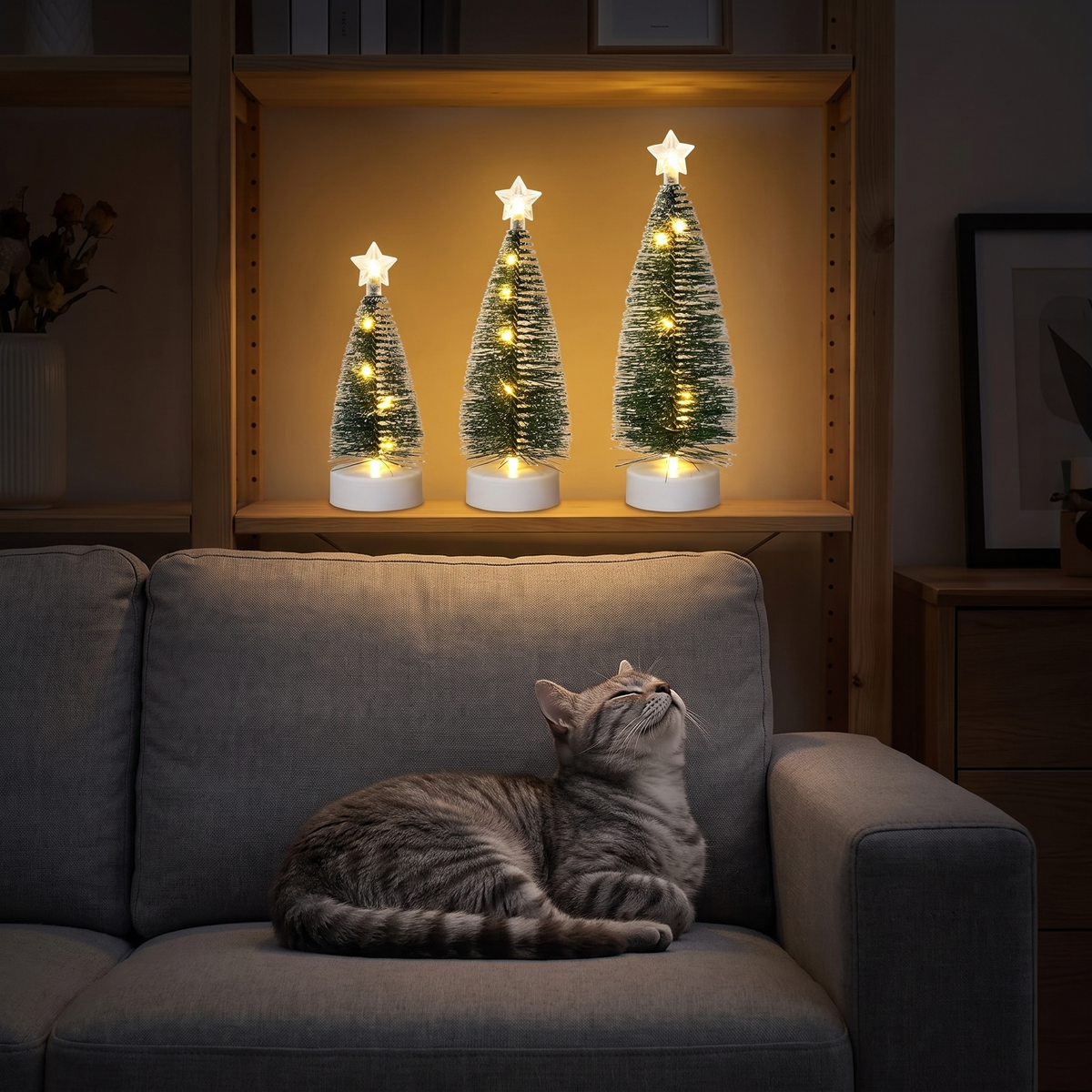 Silva högt upp på hyllan, katten på soffan under