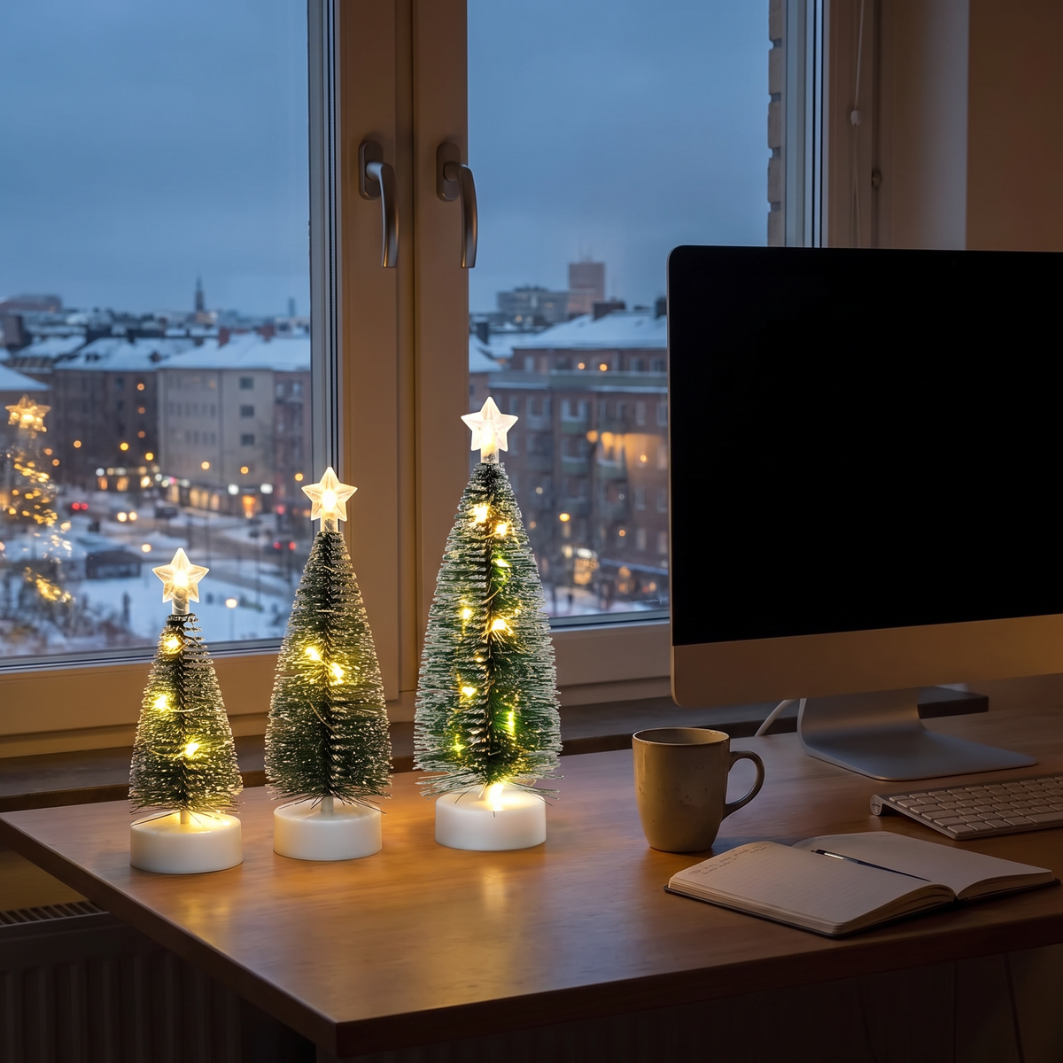 Silva bredvid skärmen på skrivbordet en mörk decembereftermiddag