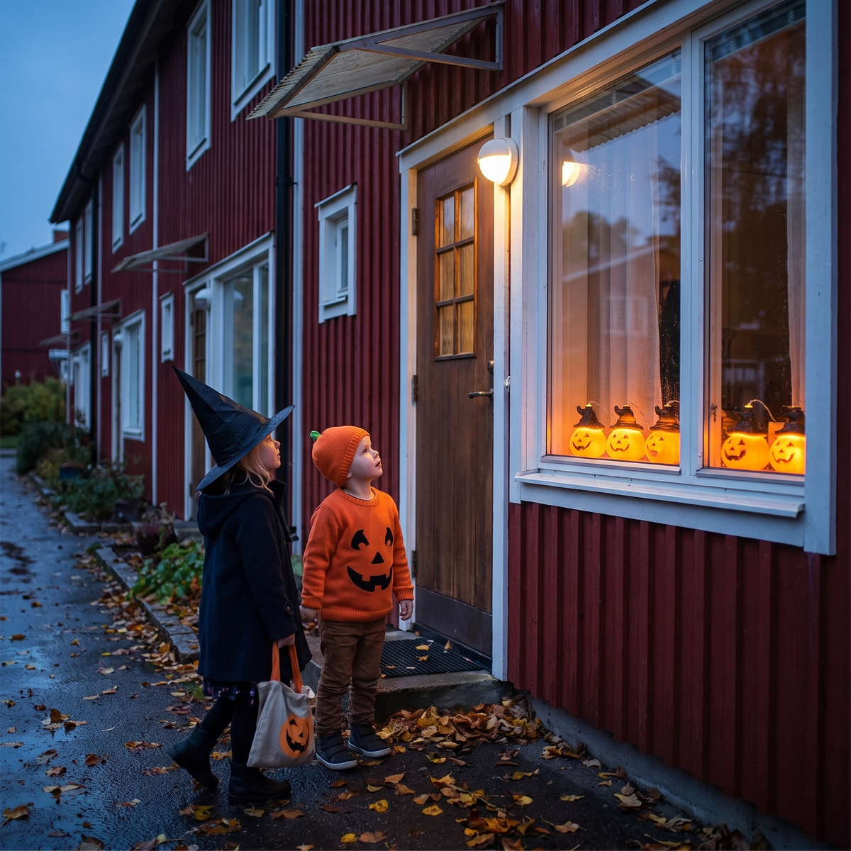 Två utklädda barn på väg mot dörren, Umbra lyser i fönstret