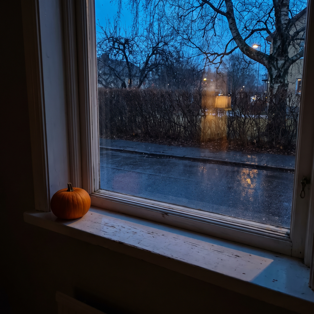 Före: fönsterbrädan mot gatan en mörk oktoberkväll, utan Umbra